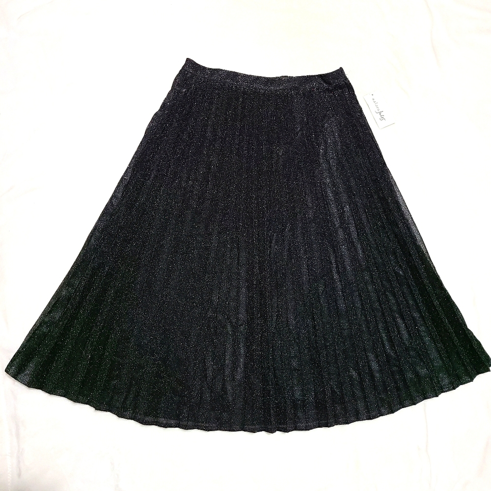 Maison Jules Long Black Pleated Glitter Skirt